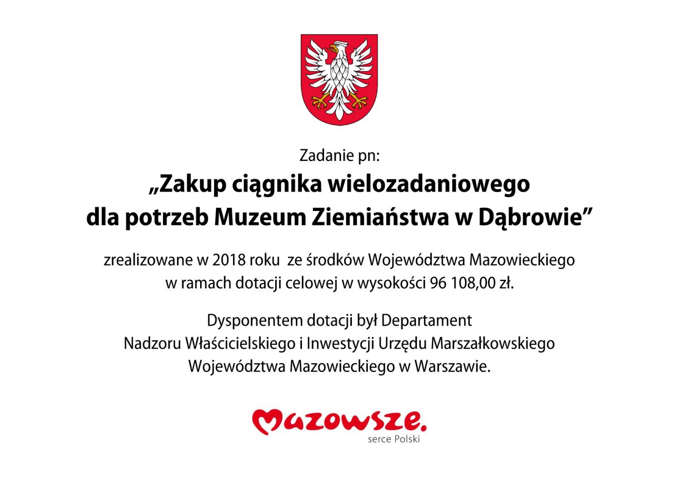 Tabliczka informacja o zrealizowaniu zadania z logotypem Mazowsza