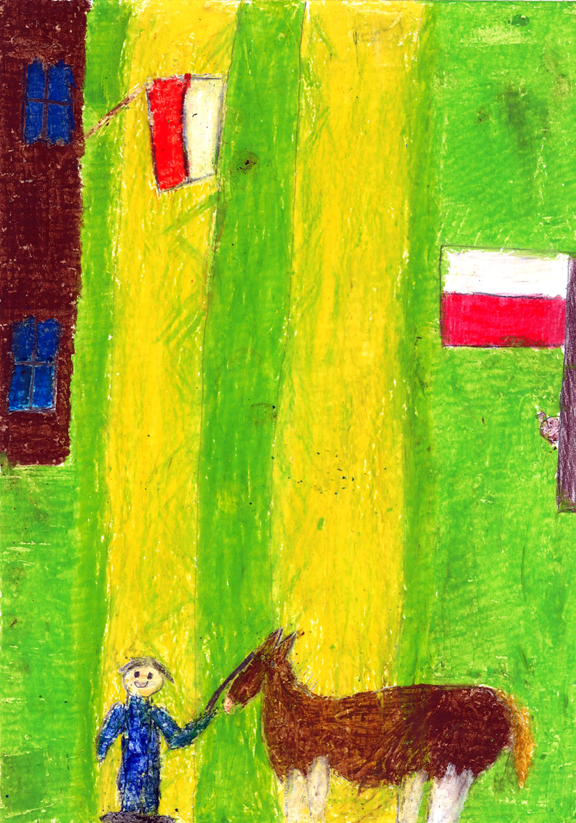 Praca plastyczna uczestnika konkursu z przedstawieniem idącej postaci z koniem w tle budenek z flagami biało-czerwonymi