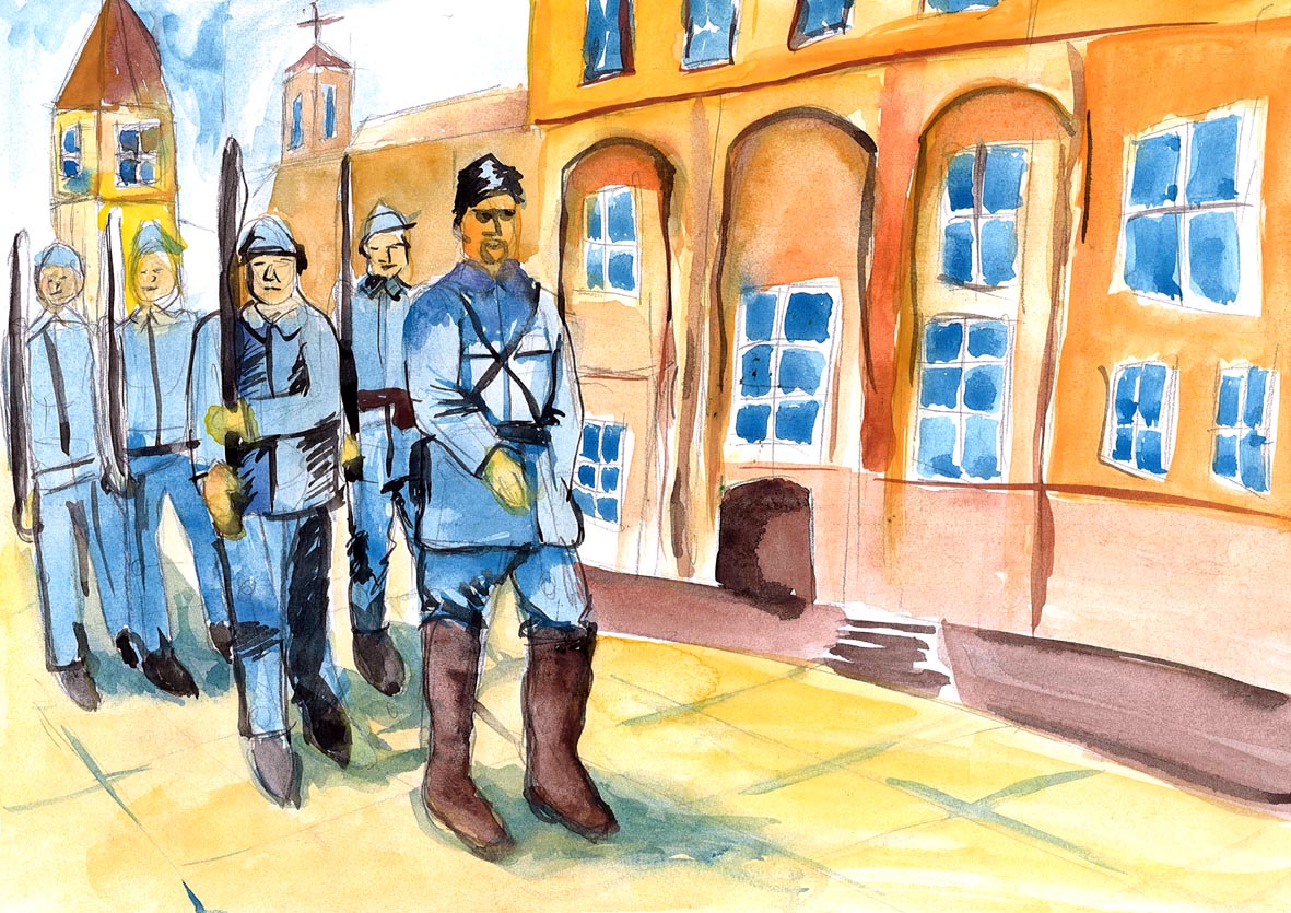 Praca plastyczna uczestnika konkursu z namalowaną sceną maszerujących żołnierzy w niebieskich mundruach. W tle kamienice miejskie