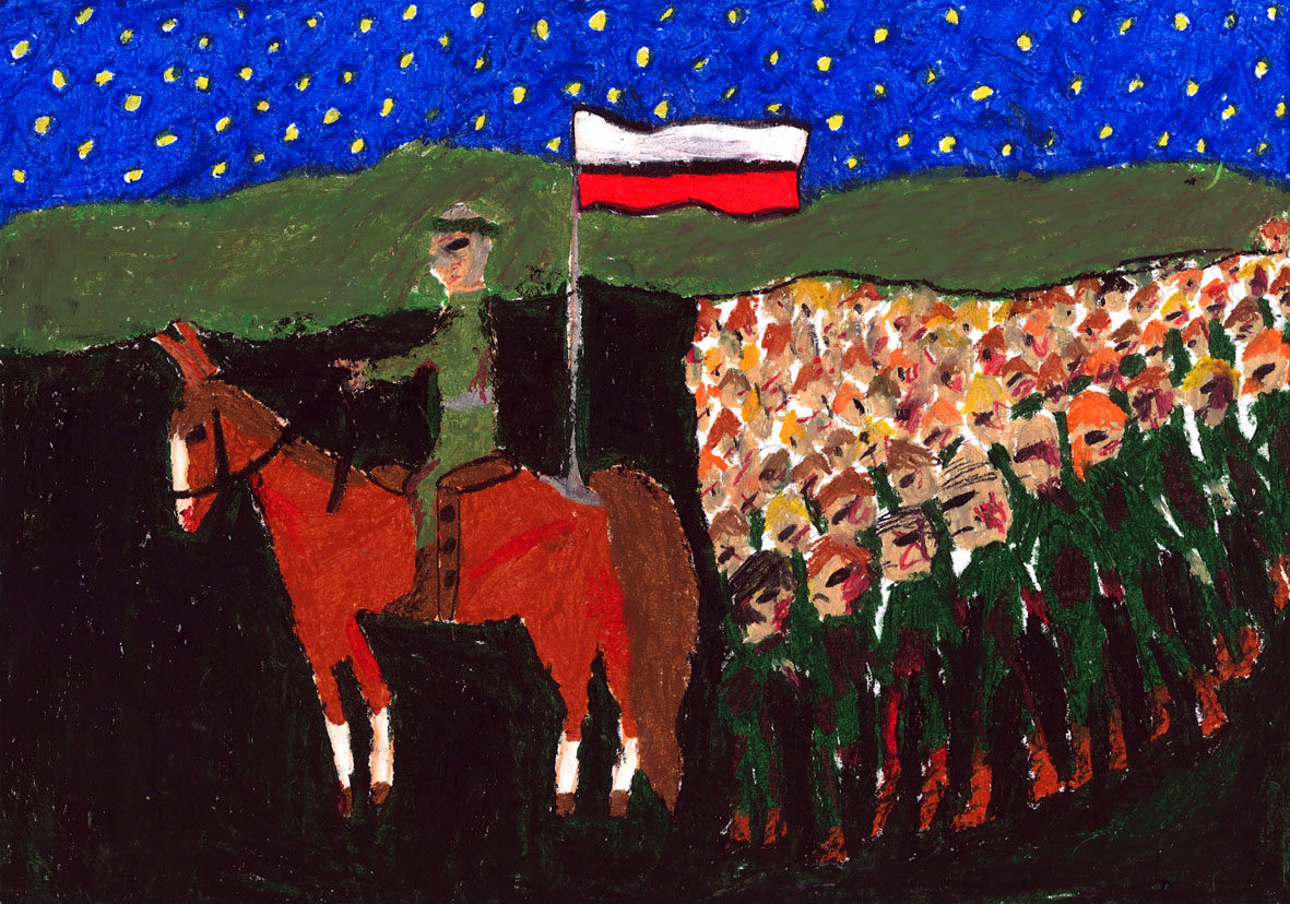 Praca uczestnika konkursu z przedstawieniem Józefa Piłsudskiego na koniu, za nim maszerujący żołnierze