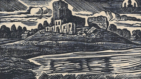 Grafika z ruin zamku z wysoką wieżą nad wodą.