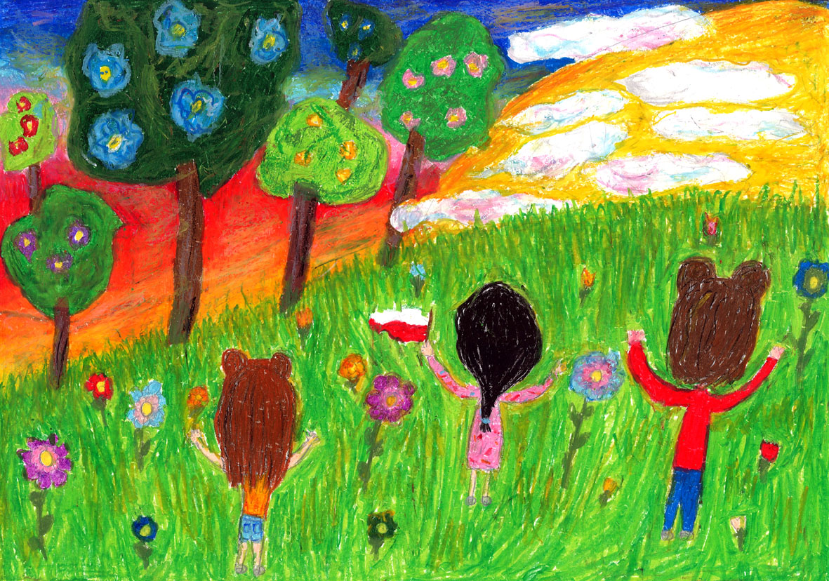 Praca plastyczna uczestnika konkursu z przedstawieniem radosnych dzieci stojących na łace pełnych różnych kolorowych kwiatów