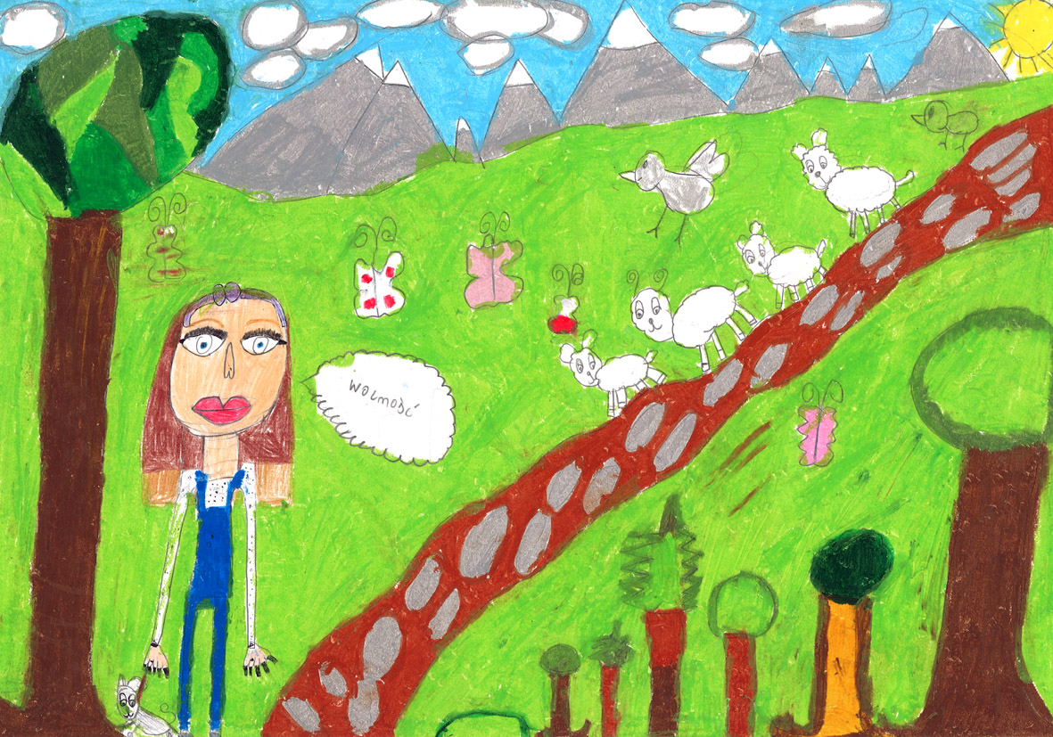 Praca plastyczna uczestnika konkursu z przedstawieniem pejzażu górskiego z pasącymi się owieczkami i plinującą je dziewczynką
