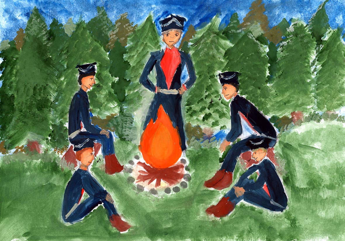 Praca plastyczna uczestnika konkursu z przedstawieniem pięciu żołnierzy w niebieskich mundurach dookoła ogniska. Czterech z nich siedzi, jeden stoi. W tle pejzaż leśny