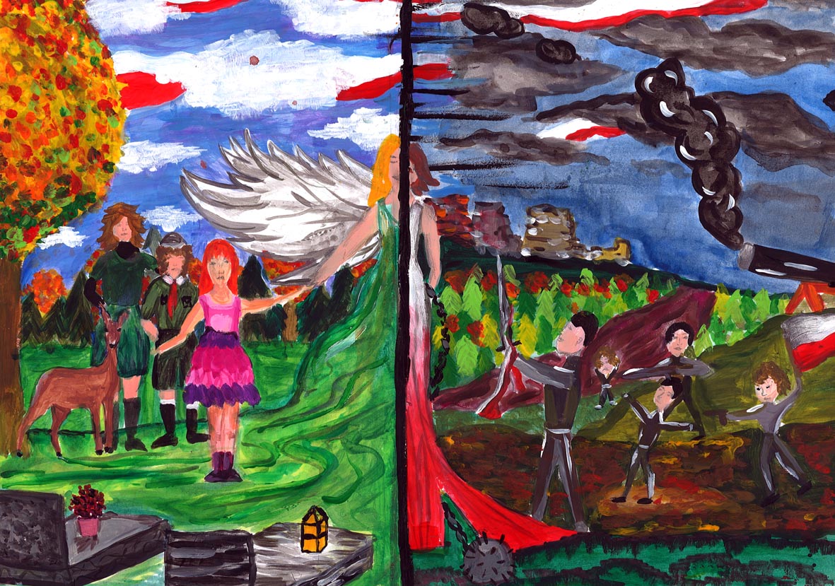 Praca uczestnika konkursu z przedstawieniem dwóch sten. Po lewej stojąca rodzina przy gromach na tle pejzażu.  Po prawej scena wojenna