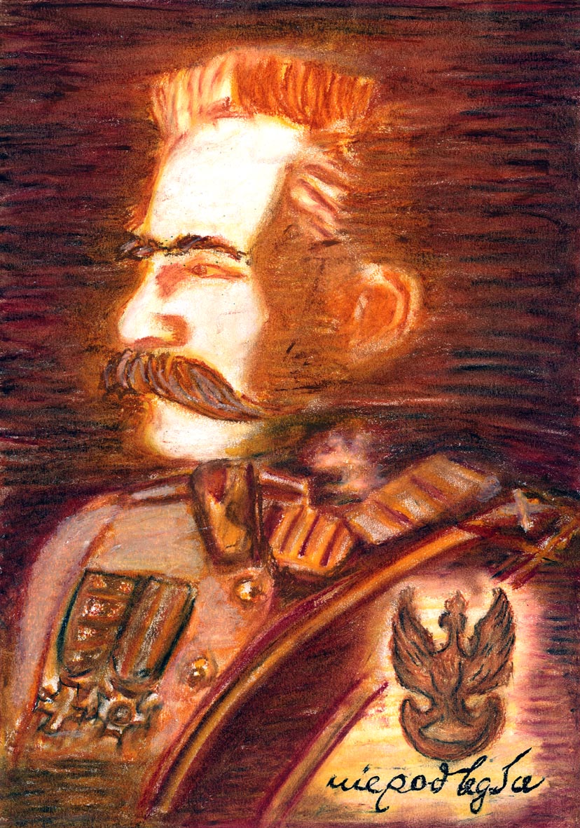 Praca plastyczna uczestnika konkursu z narysowanym porteretem Józefa Piłsudskiego w mundurze galowym. W dolnym prawym rogi orzełek legionowy z napisem Niepodległa