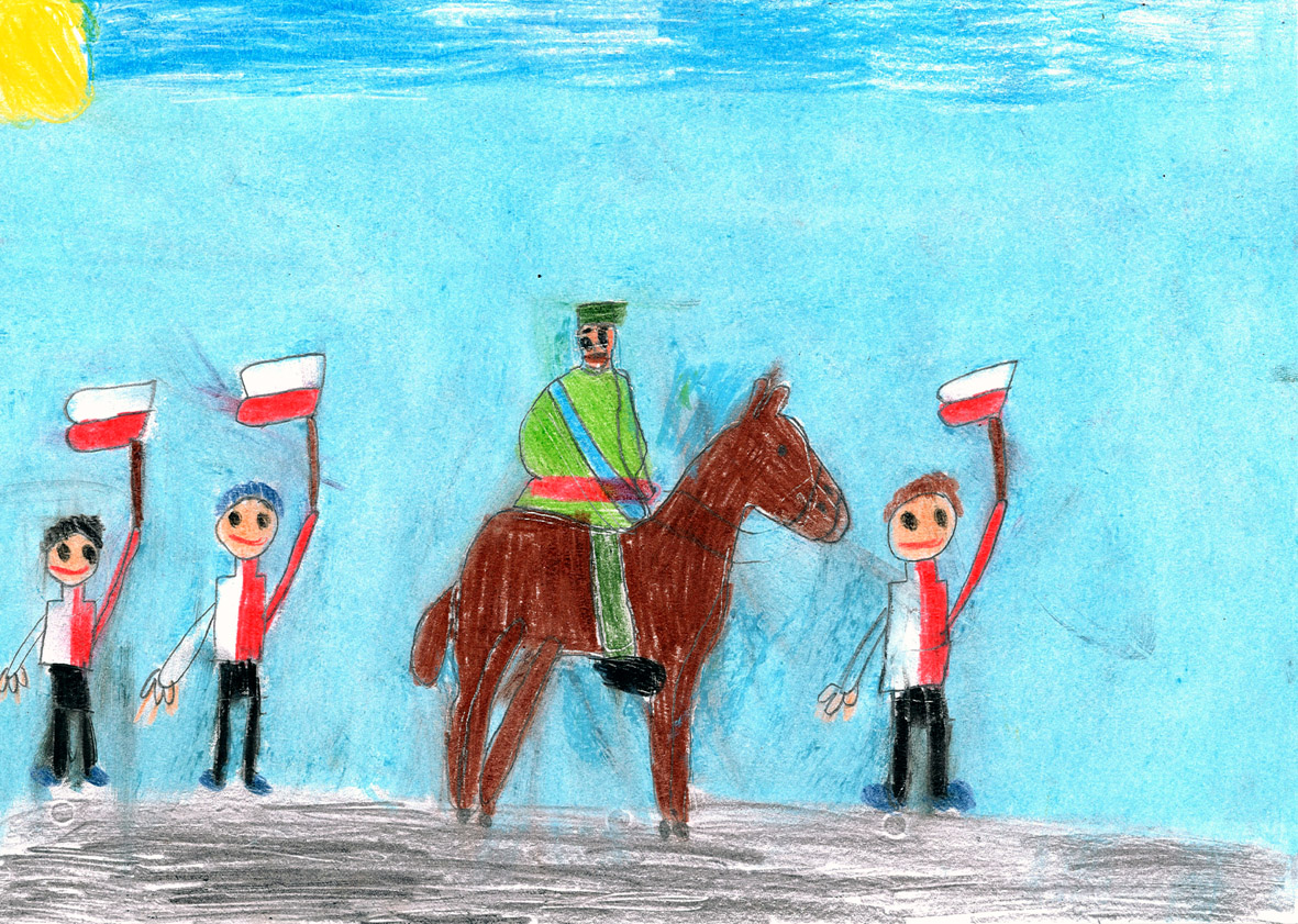 Praca uczestnika konkursu z przedstawieniem sceny powitania Józefa Piłsudskiego przez dzieci machającymi flagami biało-czerwonymi