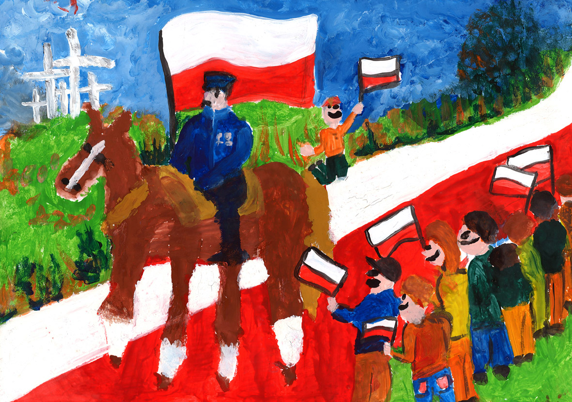 Kolorowa praca ucznia z osobą na koniu i ludzmi z flagami biało-czerwonymi