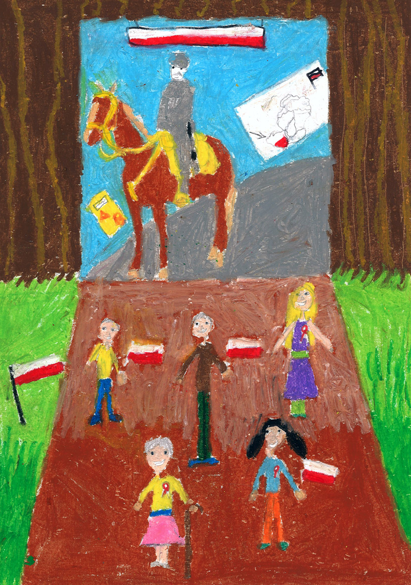 Praca plastyczna uczestnika konkursu z przedstawieniem żołnierza siedzącego na koniu, którego witają dzieci z flagami biało-czerwonymi