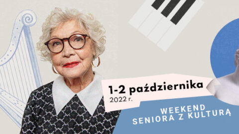 Pasek reklamowy akcji w tonacji szarej z wizerunkiem popiersia starszej kobiety i datami i tytułem akcji.