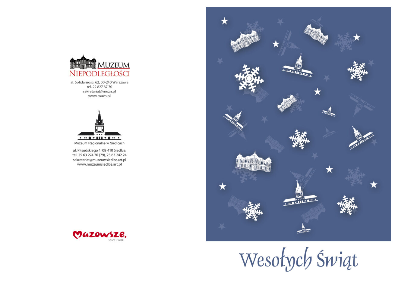 Pierwsza strona życzeń z niebieskim tłem i napisem Wesołych Świąt. Na niebieskim tle umieszczone białe logotypy muzeów z śnieżynkami i gwiazdkami.