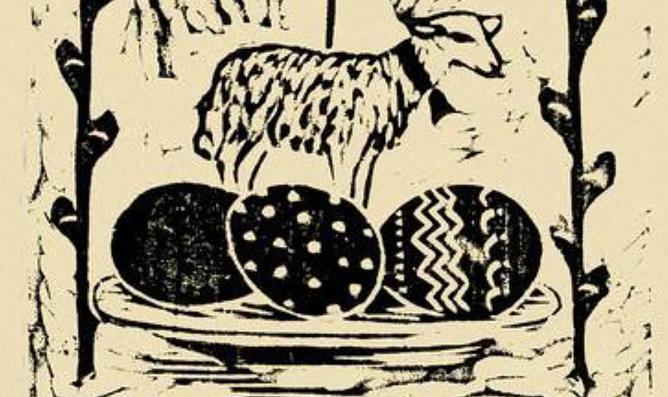 Grafika z przedstawieniem baranka z trzema pisankami na talerzu.