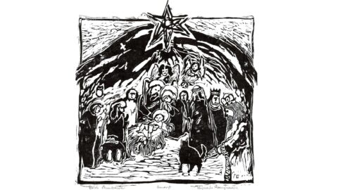 Kafelek reklamowy z wizerunkiem grafiki czarno-białej z przedstawieniem szopki bożonarodzeniowej.
